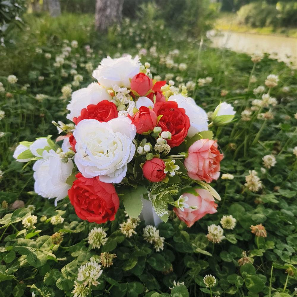 Flores artificiales para cementerio con resistencia a los rayos UV de 15" x 9" para jardín, balcón y terraza - Blanco/rojo/rosa