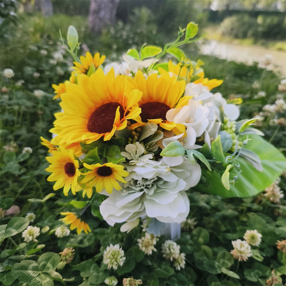 Flores artificiales para cementerio con resistencia a los rayos UV de 15" x 9" para jardín, balcón y terraza - Blanco/amarillo