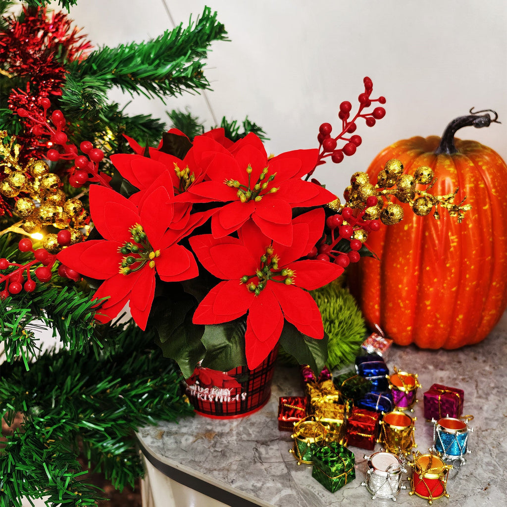 Flores de Pascua artificiales de 11" para bodas y eventos - Rojo/verde/dorado