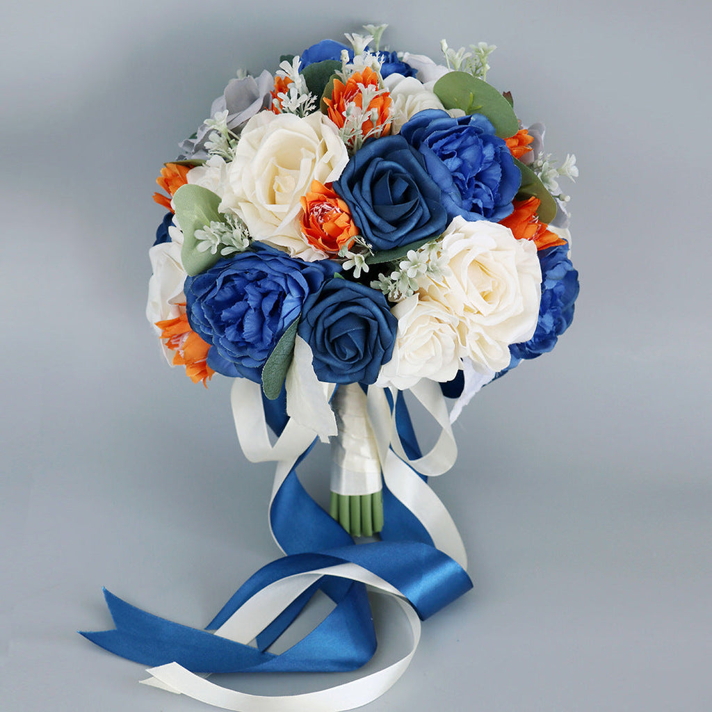Rosas artificiales de 10" para bodas y eventos - Azul real/champán/naranja quemado